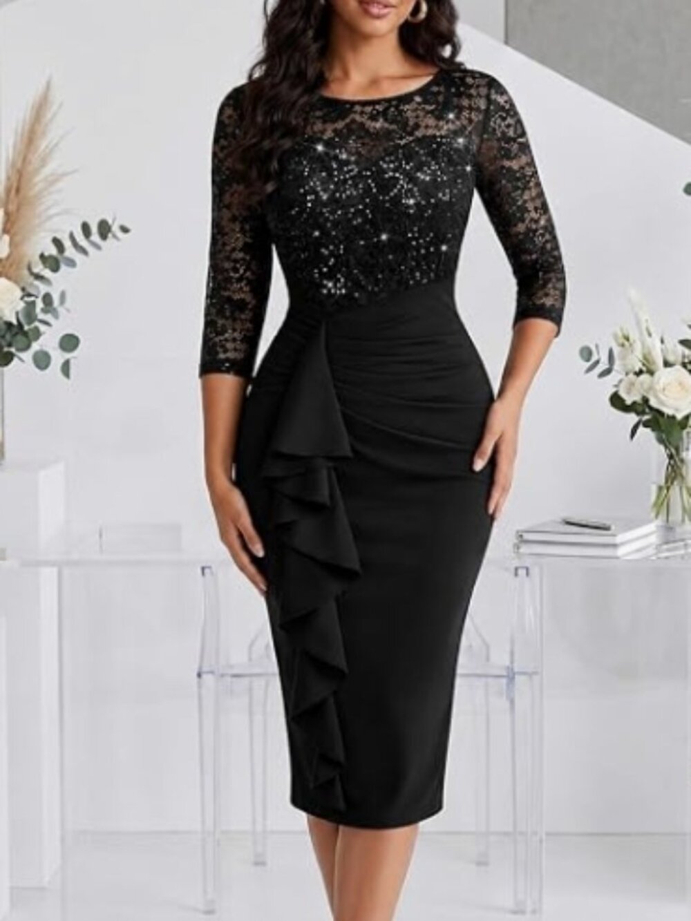 Miusol Women's Sequin Lace Ruffle Style Evening Formal Midi Dress